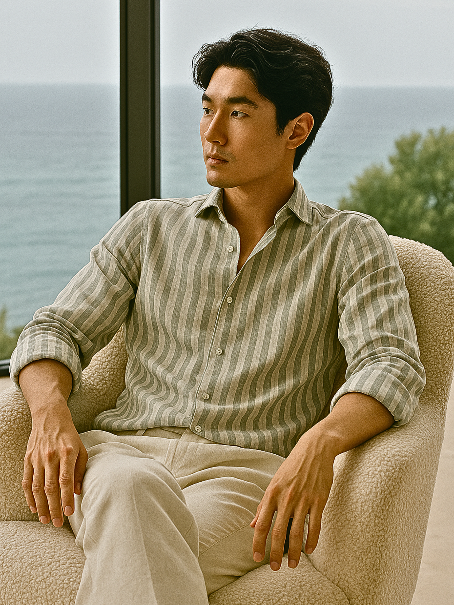 Striped Linen Shirt - Sage Green