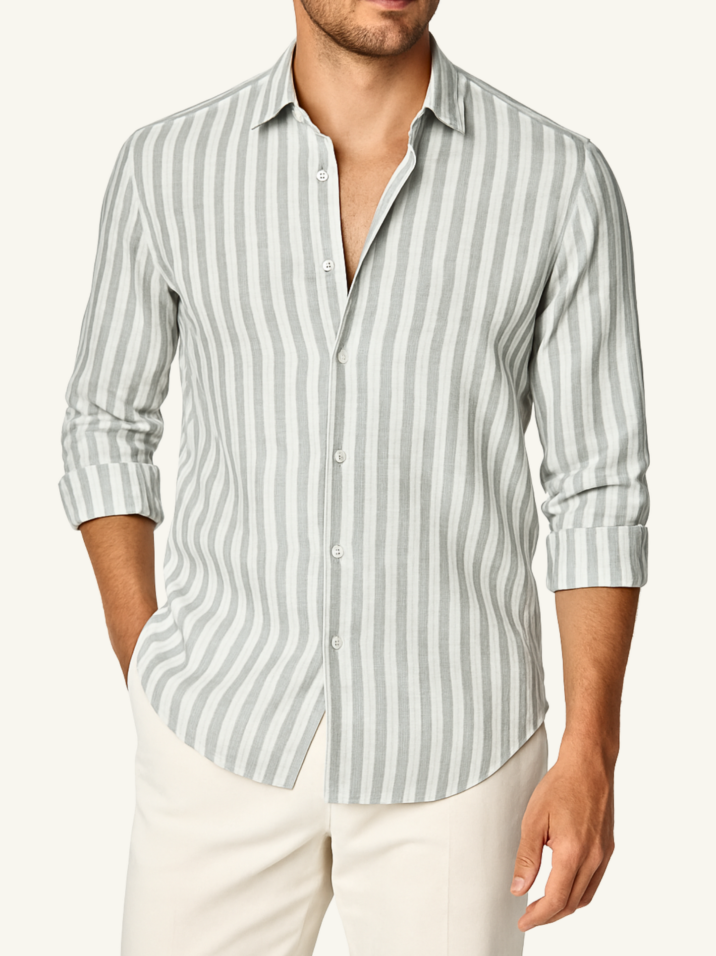 Striped Linen Shirt - Sage Green